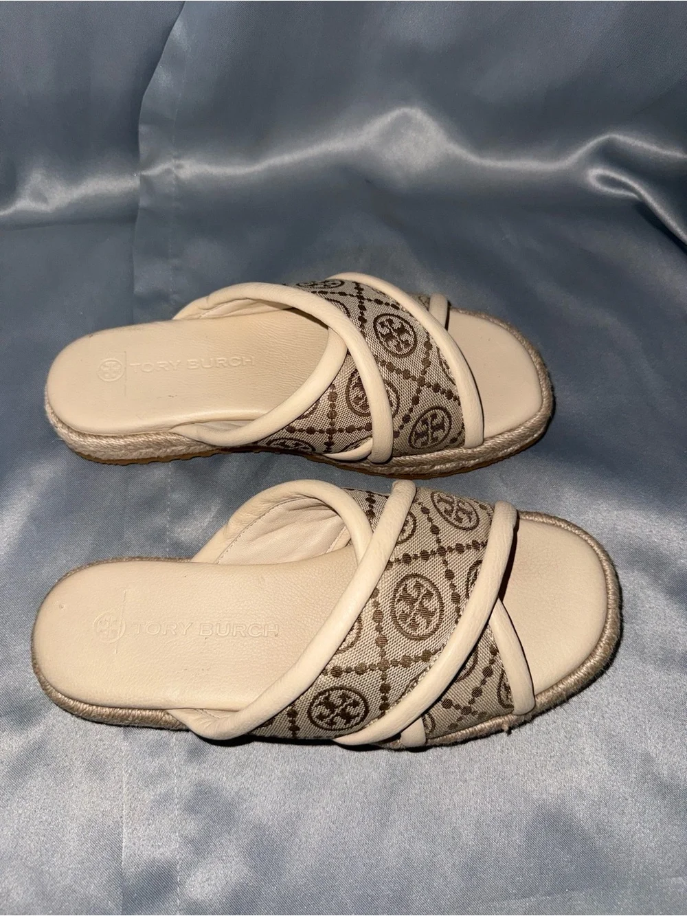 Tory Burch Beige Logo Cross-Strap Slide Mules